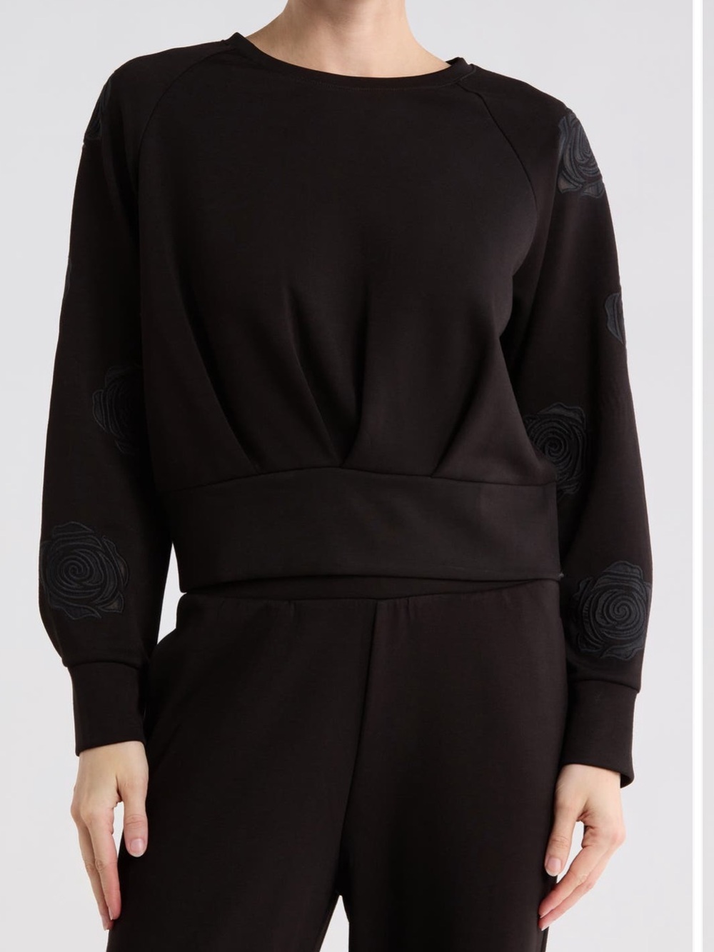 T Tahari Rose Embroidered Scuba Knit Crewneck Black Women’s Top S